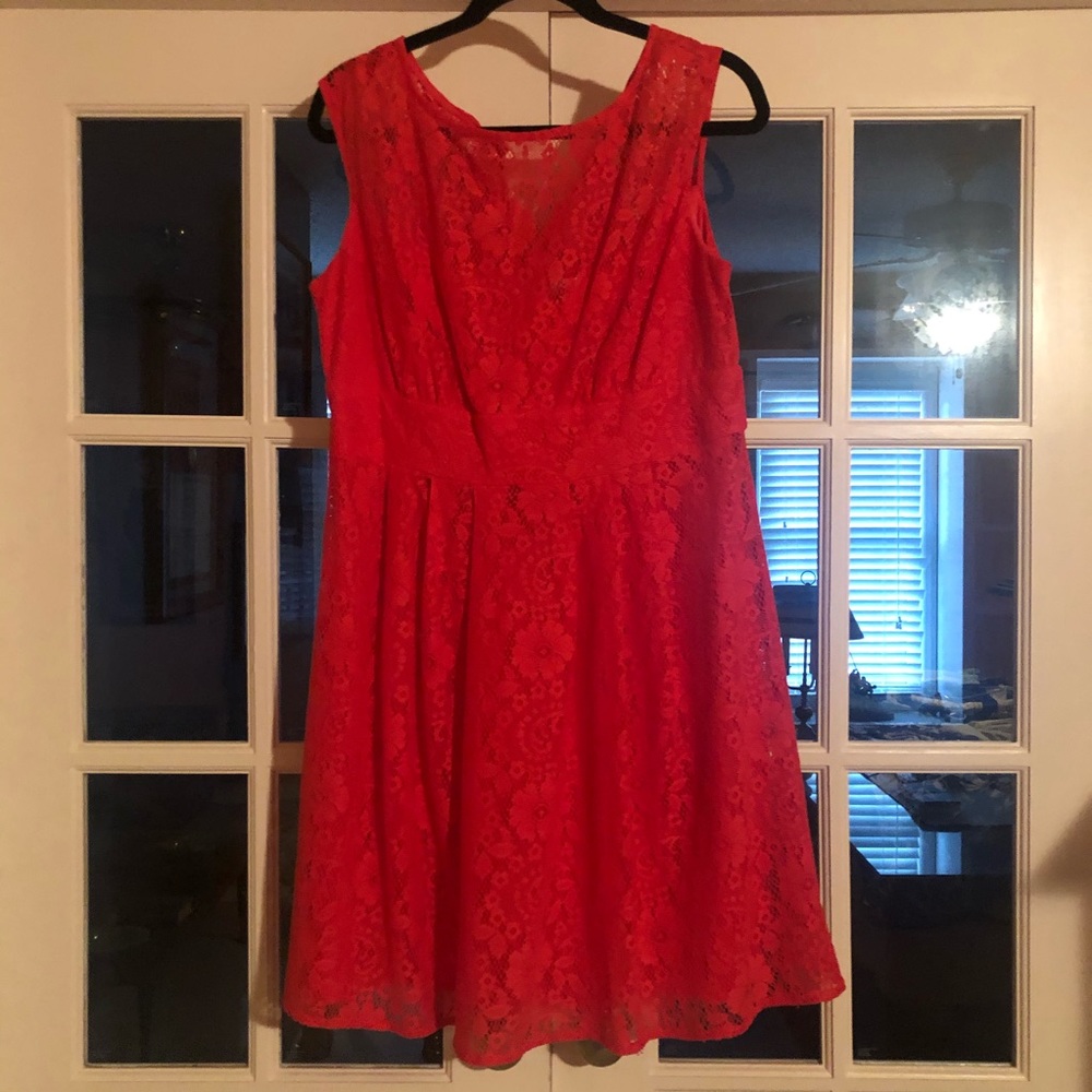 Coral lace fit and flair dress